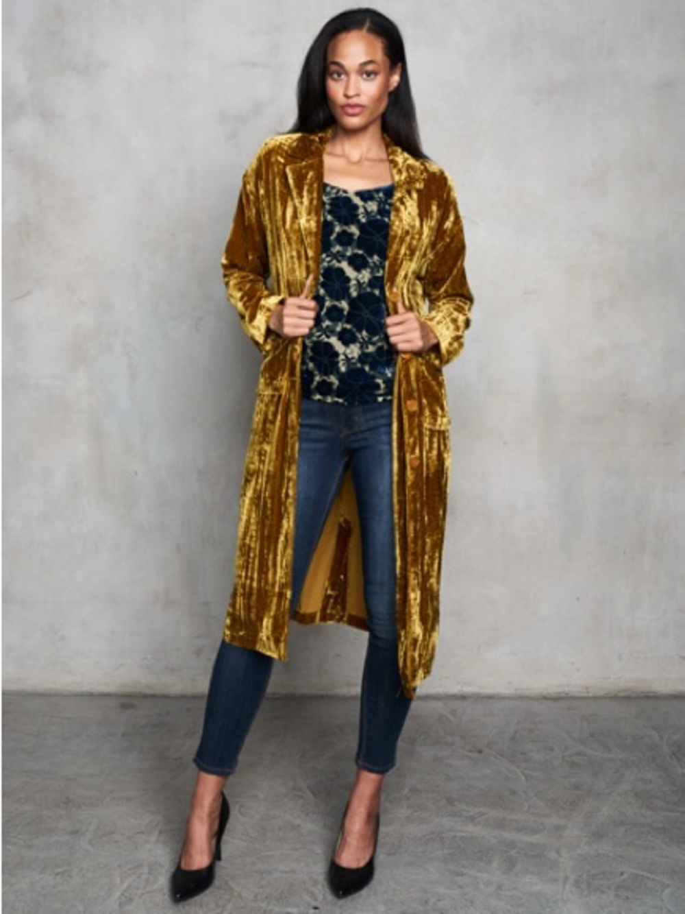 Gold Velvet Longline Blazer Jacket